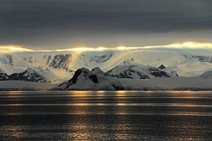 Landscape, Icebergs, Mountains and the Ocean at Sunrise, Antarctica