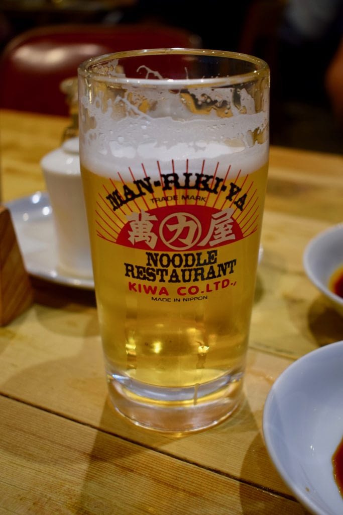 Closeup of beer at Man Riki Ya Noodle Shop, Azabujuban, Tokyo, Japan