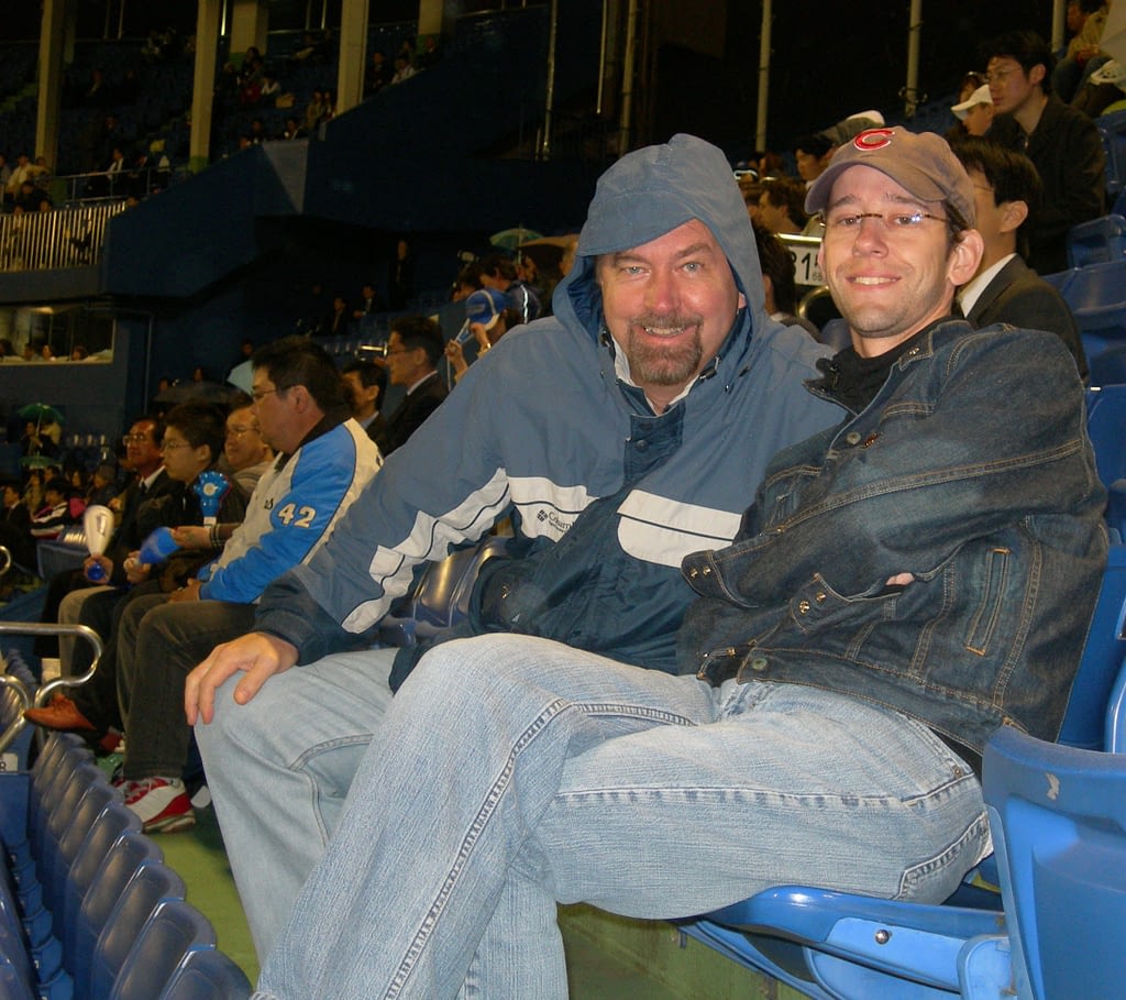 Jason And Paul Bundled up at a Tokyo Yakult Swallows Baseball Game, Meiji Jingu Stadium, Tokyo, Japan