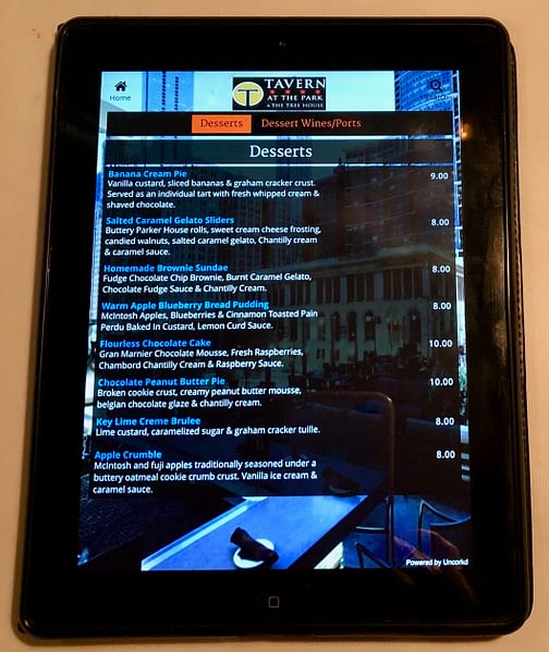 iPad dessert menu, Tavern at the Park Restaurant, Chicago, Illinois