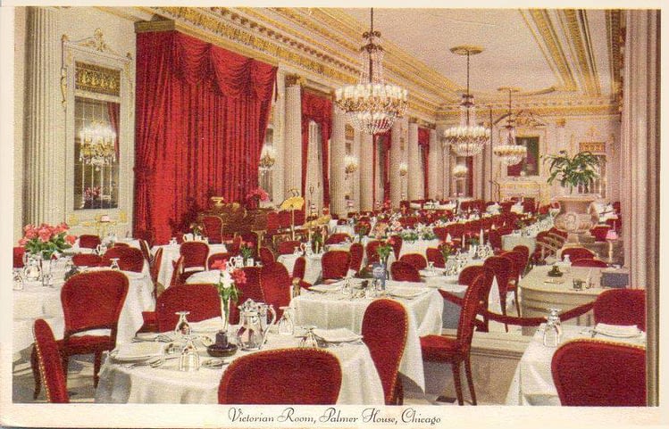 Postcard of the Interior of the Victorian Room Restaurant at the Palmer House Hotel, Chicago, 1938